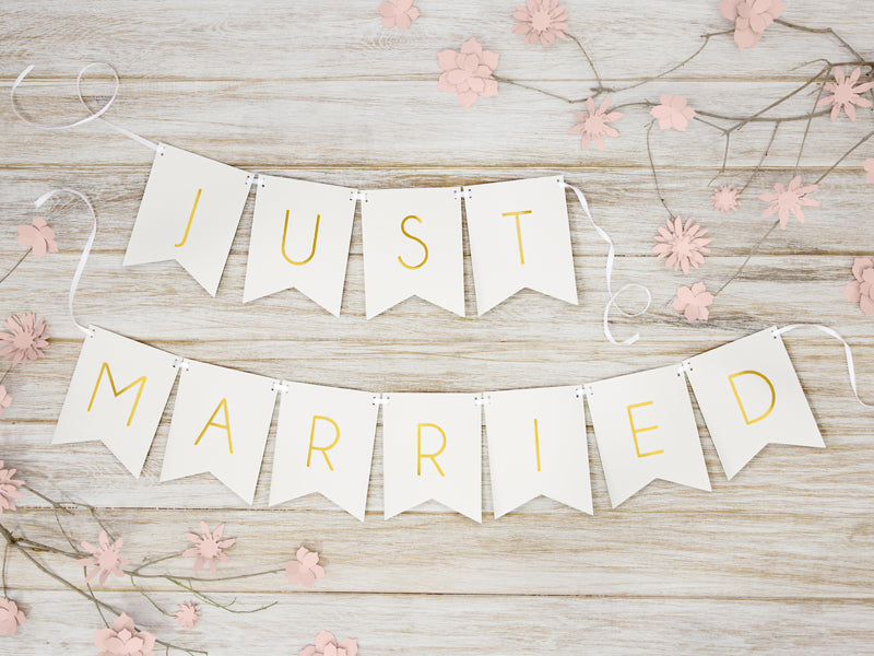 White & Gold Just Married Banner