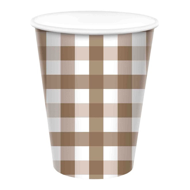 Teddy Brown Gingham Cups (8 pack)