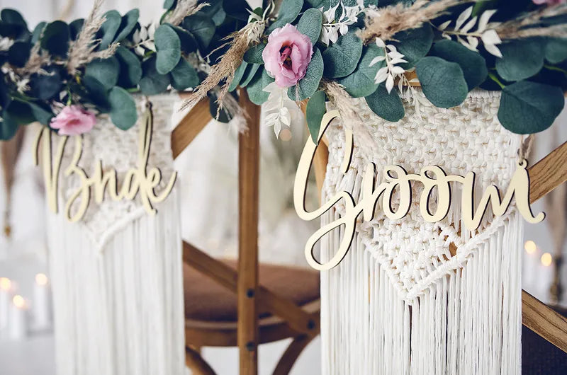 
                
                    Load image into Gallery viewer, Bride &amp;amp; Groom Wooden Chair Signs
                
            